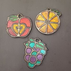 Vintage Enesco‎ Stained Glass Fruit Suncatchers Orange Apple Grape Kitchen Decor